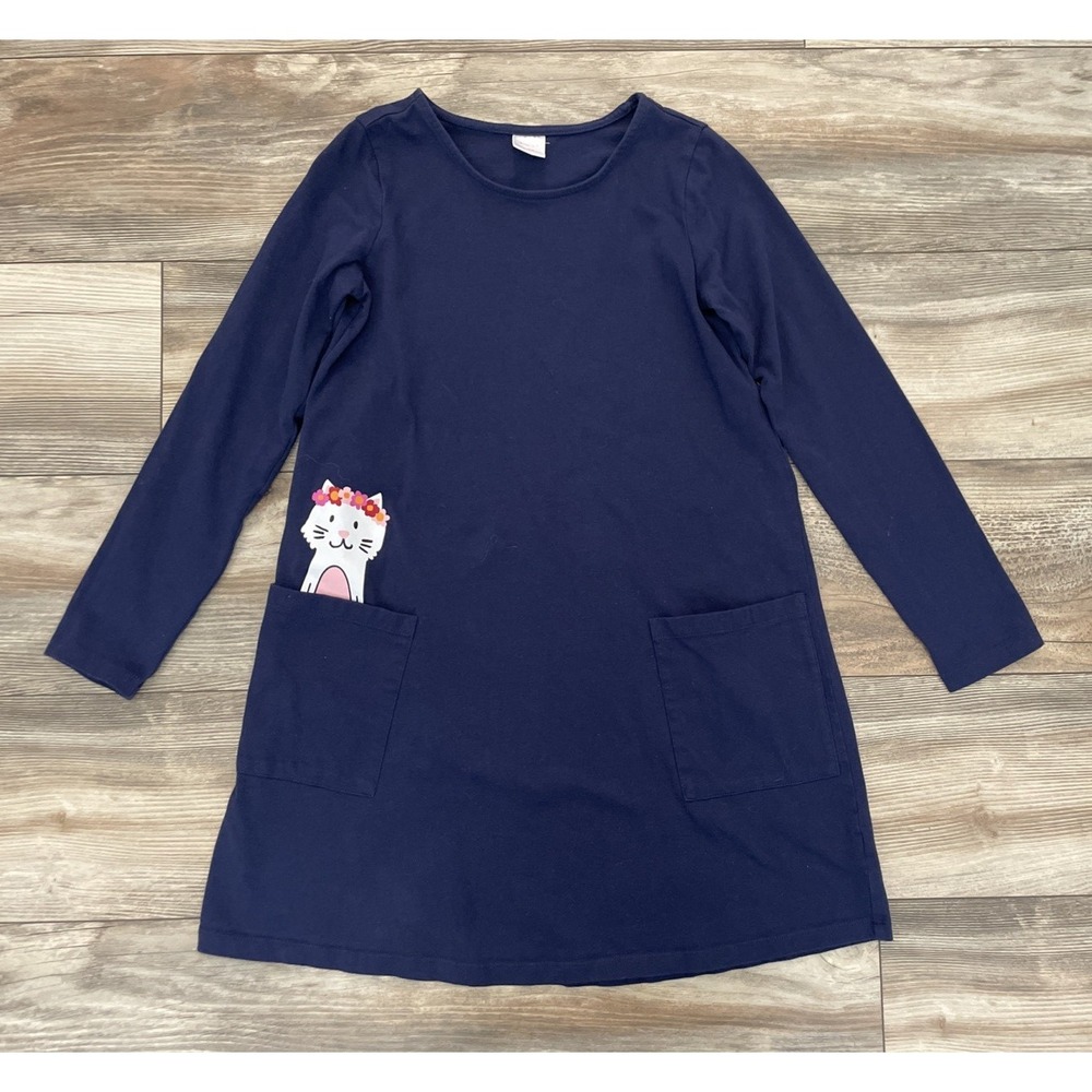 Hanna Andersson Size 12 Girls Pocket Dress Navy 100% Cotton Cute Kitty Graphic